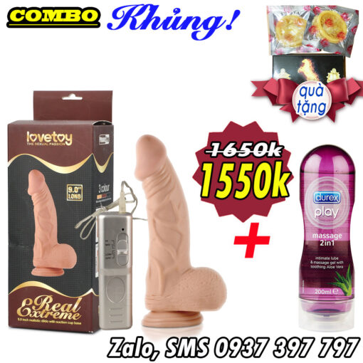 Combo Sextoy Nữ Cu Giả Hàng Khủng Lovetoy Real Extreme 9 Inch + Gel Durex 2in1